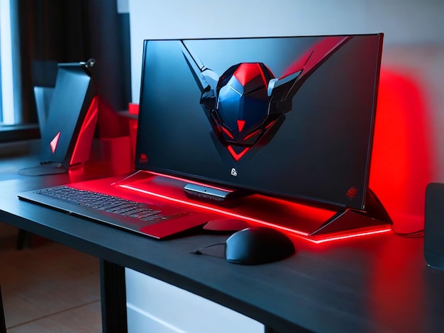 Bild eines leistungsstarken Gaming-Laptops auf einem eleganten, modernen Schreibtisch kostenlos herunterladen