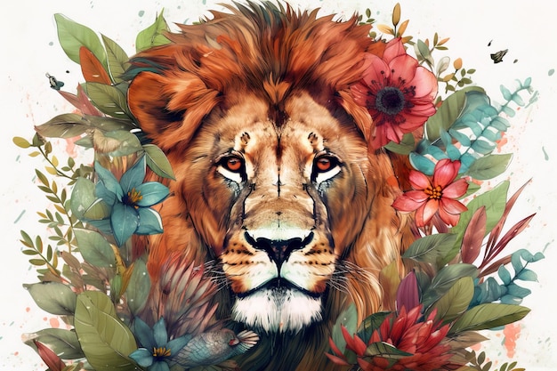 Bild eines Löwenkopfes mit bunten tropischen Blumen Tierwelt Tierillustration Generative KI