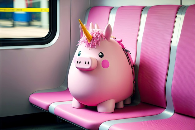 Bild eines lustigen, runden, rosafarbenen, dünnen, fetten Einhorn-Charaktersitzes im Zug