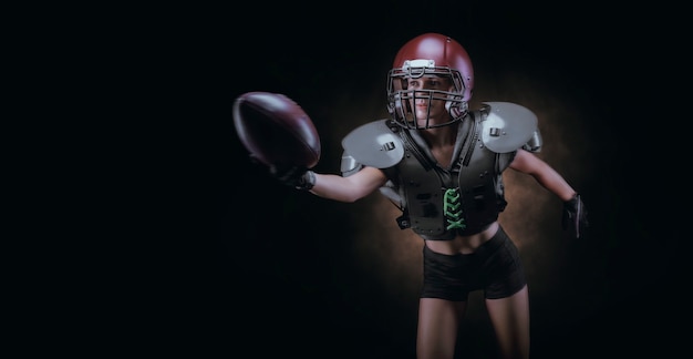 Bild eines Mädchens, das mit dem Ball in der Uniform eines American-Football-Teamspielers läuft. Sportkonzept. Gemischte Medien