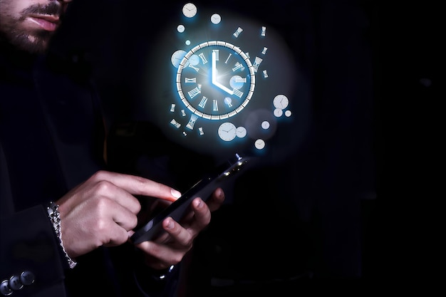 Bild eines Mannes, der sein Handy benutzt, mit einer digitalen Grafik einer Uhr Konzept des missbräuchlichen Gebrauchs von Handys