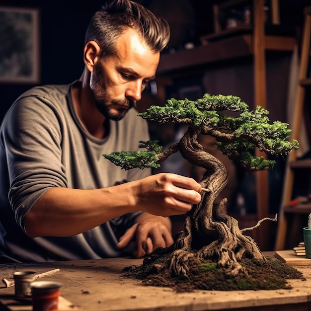 Bild eines Mannes, der sich um seinen Bonsai kümmert Konzept der japanischen Kunst mit Bäumen Fotografie, die mit KI erstellt wurde
