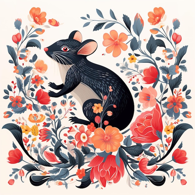 Bild eines Musterdesigns mit Ratten, Blumen und Blättern. Illustration von Wildtieren mit generativer KI
