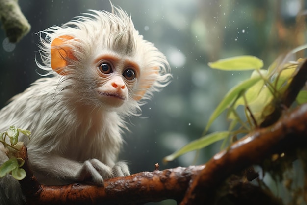 Bild eines niedlichen Baby-Blatt-Affen auf einem Baum auf Naturhintergrund. Generative KI-Illustration für Wildtiere