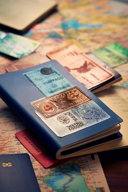 Foto bild eines offenen reisepasses mit visastempeln auf dem tisch, stempel verschiedener länder