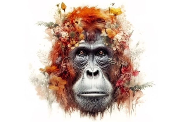 Bild eines Orang-Utan-Kopfes mit bunten tropischen Blumen Tierwelt Tierillustration Generative KI