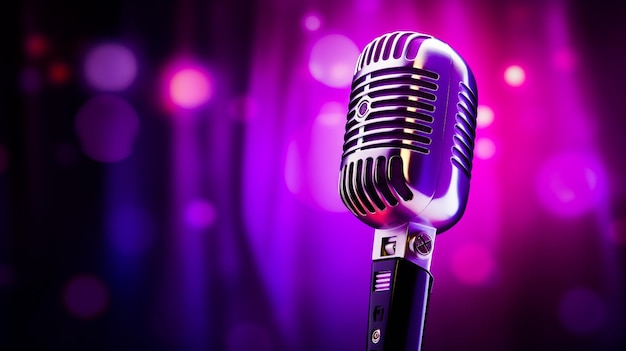 Foto bild eines retro-mikrofons auf einem lila-schwarzen hintergrund