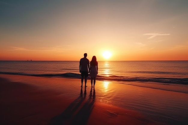 Bild eines romantischen jungen Paares am Strand bei Sonnenuntergang, eine von KI erzeugte Illustration