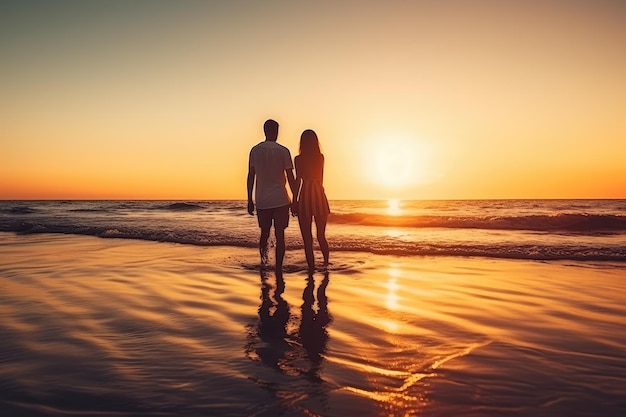 Bild eines romantischen jungen Paares am Strand bei Sonnenuntergang generative KI