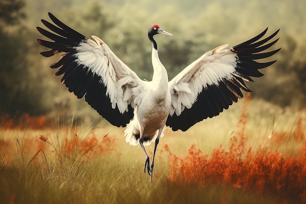 Bild eines Rotkronenkranichs, der seine Flügel im Feuchtgebietswald ausbreitet. Generative KI-Illustration für Vögel und Wildtiere