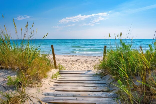 Foto bild eines rustikalen holzweges, der zu einem abgelegenen strand führt, mit den texturen von verwittertem holz und weichem sand, perfekt für die bühne in luxusreisen und resort-marketing