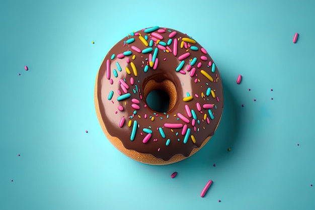 Bild eines Schokoladen-Donuts, das aus der Nähe mit Regenbogen-Glasur bedeckt ist und auf einem blauen Hintergrund schwebt