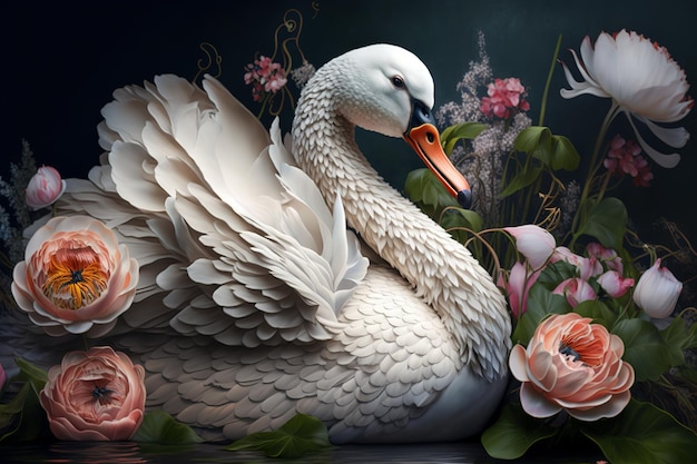 Bild eines Schwans, umgeben von bunten Blumen. Illustration von Wildtieren. Generative KI