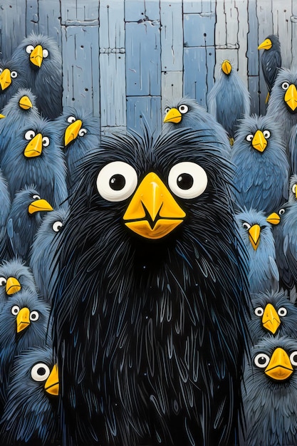 Bild eines schwarzen Vogels, der von vielen blauen Vögeln umgeben ist