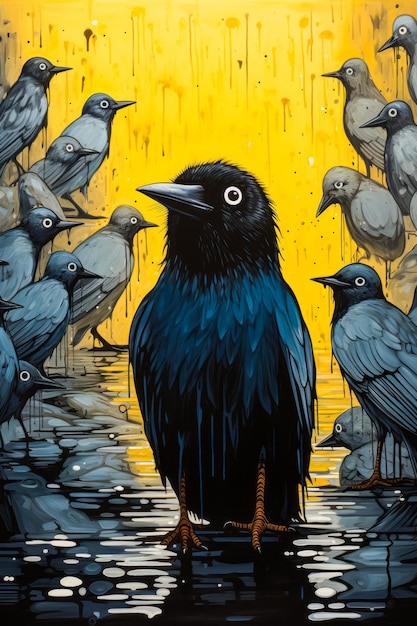 Bild eines schwarzen Vogels, der vor einer Vogelherde steht Generative KI