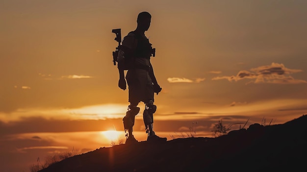 Bild eines Silhouette-Mannes auf einem Hügel gegen einen Sonnenuntergang-Hintergrund, der ein Maschinengewehr hält