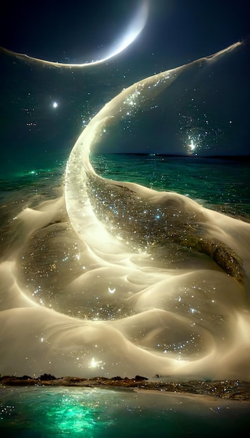 Bild eines Strandes bei Nacht mit dem Mond am Himmel, generative KI
