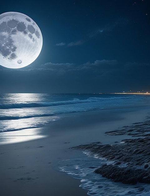 Bild eines Strandes bei Nacht mit Vollmond am Himmel