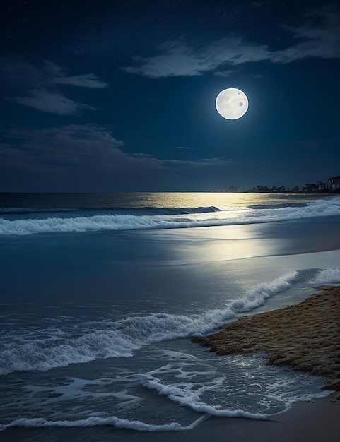 Bild eines Strandes bei Nacht mit Vollmond am Himmel