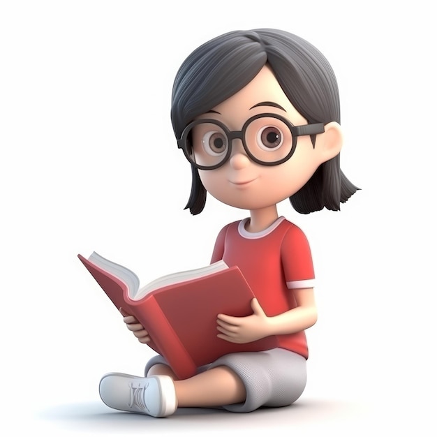 Bild eines süßen 3D-Mädchens mit kurzen Haaren, das ein Buch mit generativer KI liest