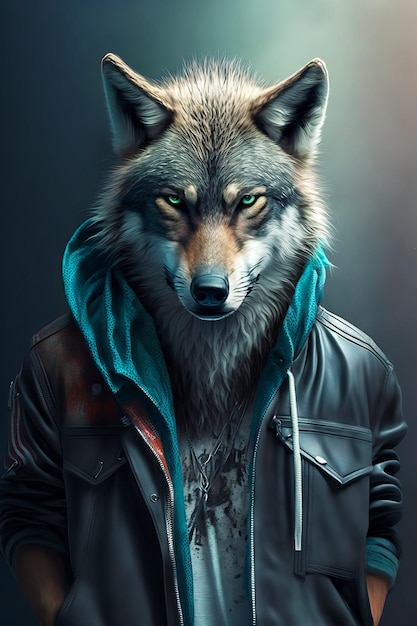 Bild eines Wolfs, der eine Lederjacke mit Kapuzenpullover trägt, auf Generative AI