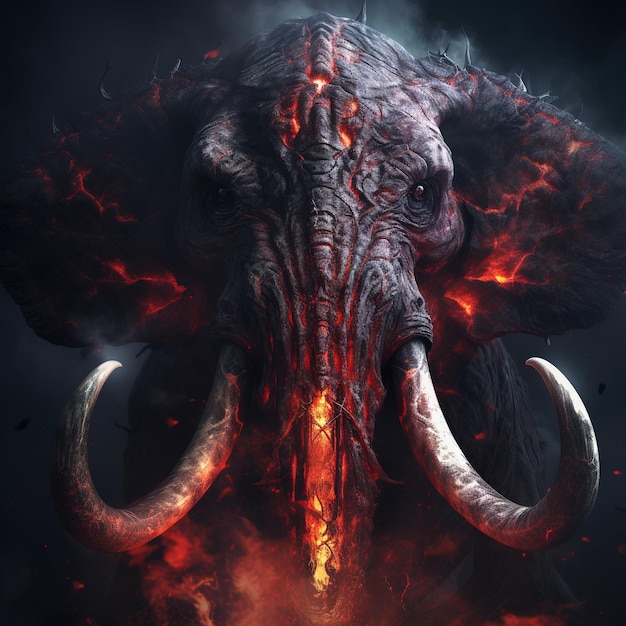 Bild eines wütenden, erschreckenden Elefanten-Teufels und Flammen auf dunklem Hintergrund. Illustration von Wildtieren, generative KI