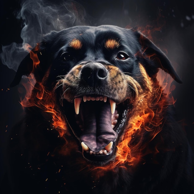 Bild eines wütenden Rottweiler-Hundegesichts und Flammen auf dunklem Hintergrund. Illustration von Haustiertieren. Generative KI