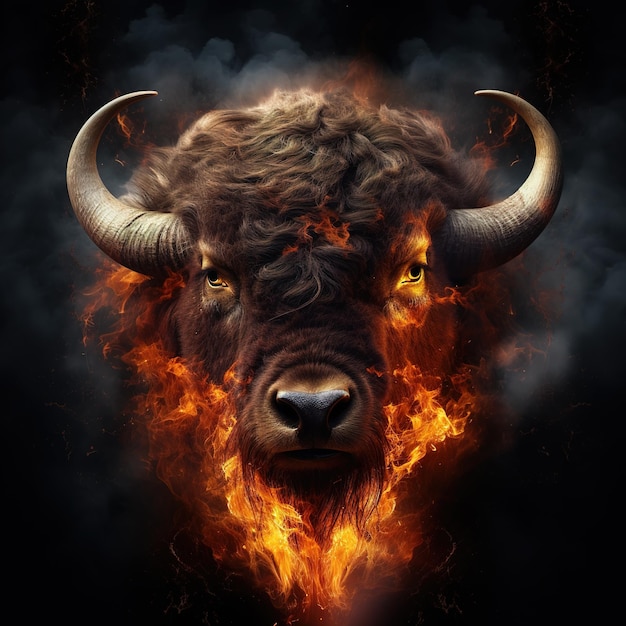 Bild eines wütenden Stiergesichts und Flammen auf dunklem Hintergrund. Illustration von Wildtieren. Generative KI