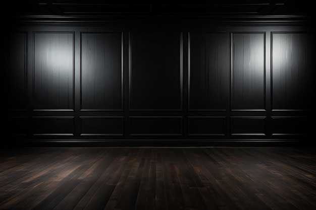 Bild mit einer schwarzen Wand in einem dunklen Raum als Hintergrund und einem Holzboden