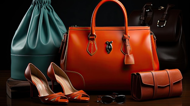 Bild mit modischen Schuhen, einer Handtasche und Accessoires, die einen dynamischen und stilvollen Look ausstrahlen. Perfekt, um die Essenz der modernen Mode und Raffinesse zu erfassen.