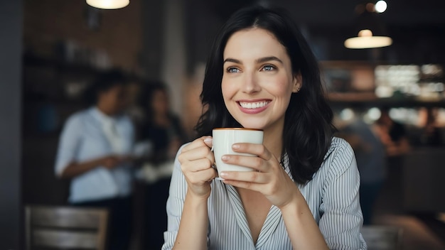 Bild oben von einer lächelnden, glücklichen, dunkelhaarigen Frau, die im Café Kaffee trinkt