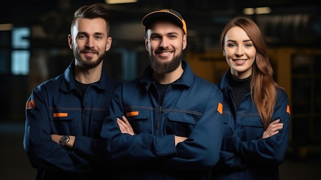 Bild vom Tag der Arbeit Junge Gruppe verschiedener Industriearbeiter in Uniformen vor der Kamera