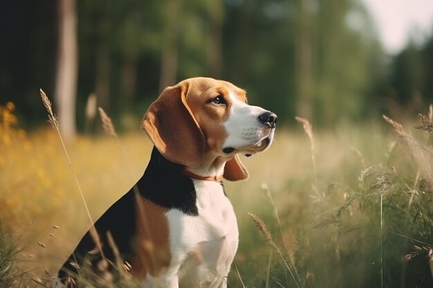 Bild von Beagle-Hund, der im Sommer auf grünem Weidegrass ruht Haustiere Illustration Generative KI