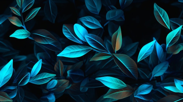 Bild von Blättern über blauem Neonrechteck auf schwarzem Hintergrund