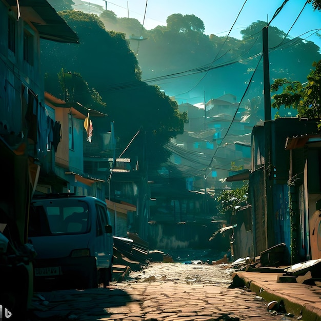 Bild von bunten Hütten in einer überfüllten Favela-Gemeinde