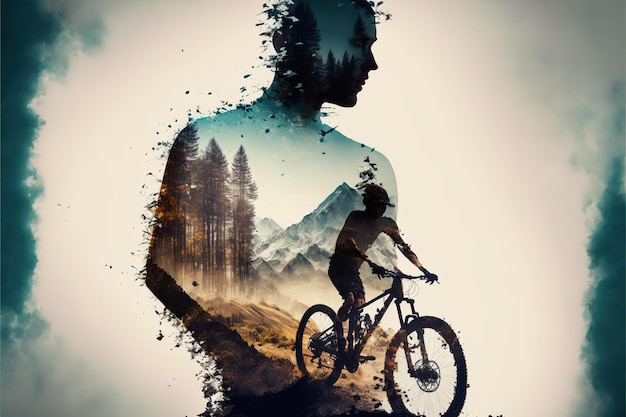 Bild von Doppelbelichtung Silhouette Biker und Berg