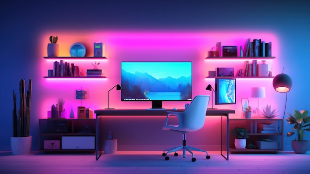 Foto bild von einem gaming-pc auf einem schreibtisch mit rgb-neonbeleuchtung im hintergrund