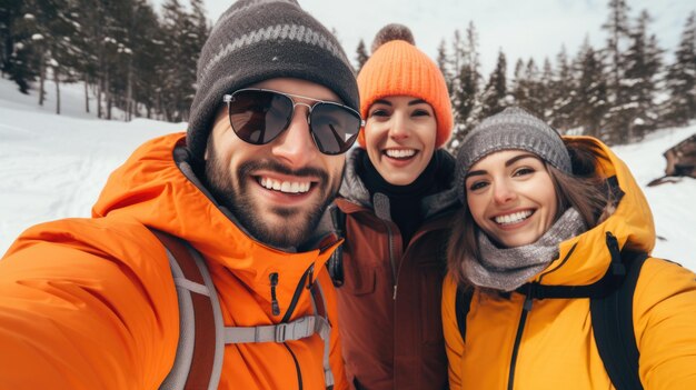 Bild von einem Mann und zwei Frauen, die ein Selfie im Schnee machen, geeignet für soziale Medien oder Winterinhalte