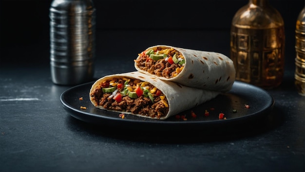 Bild von einem Teller mit Burritos auf einem weißen Teller auf einem Holztisch 23