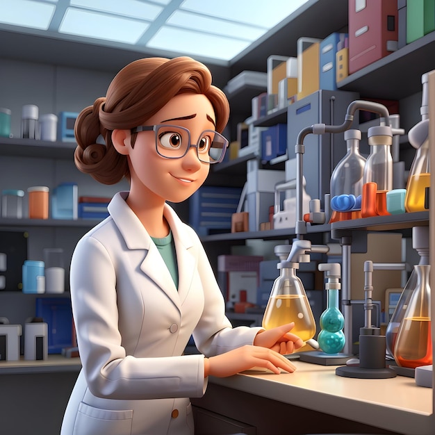 Bild von einer 3D-Frau-Chemiker-Charakterillustration im Labor