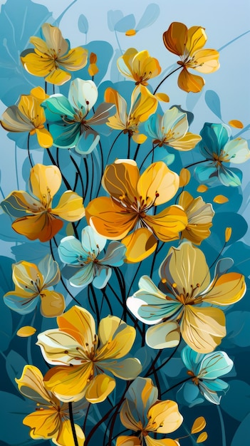 Bild von gelben und blauen Blumen auf blauem Hintergrund Generative KI