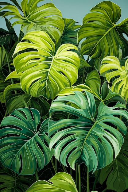 Bild von grünen tropischen Blättern auf blauem Himmel Hintergrund Generative KI