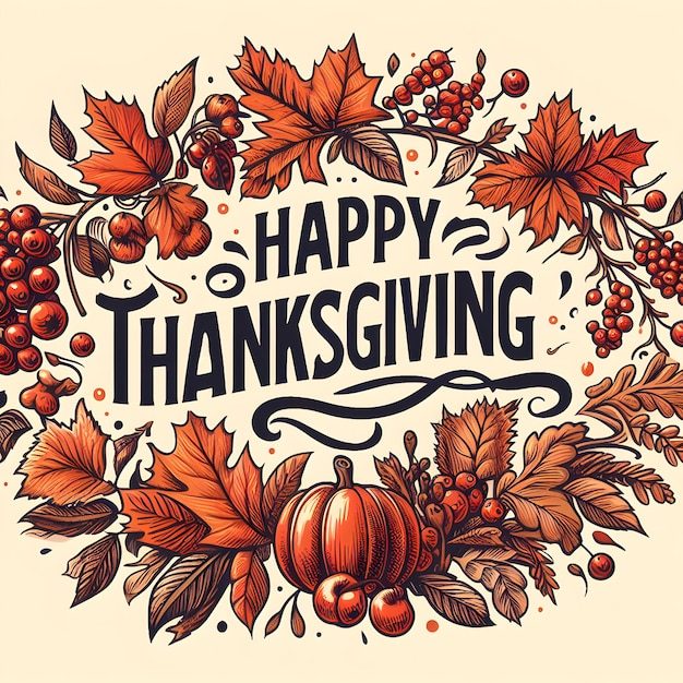 Foto bild von handgezeichneter glücklicher thanksgiving-typografie in herbstbanner-text mit beeren