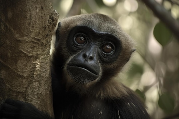 Bild von Helmgibbon auf dem Baum auf Naturhintergrund Abbildung der wild lebenden Tiere Generative KI