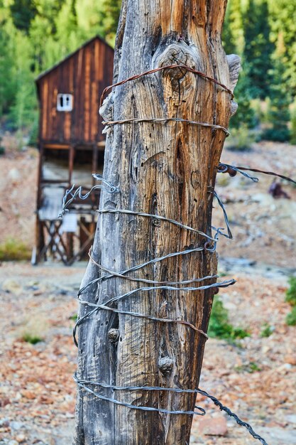 Bild von Holzstamm in Metalldraht gewickelt mit alter Holzbergbaustruktur im Hintergrund