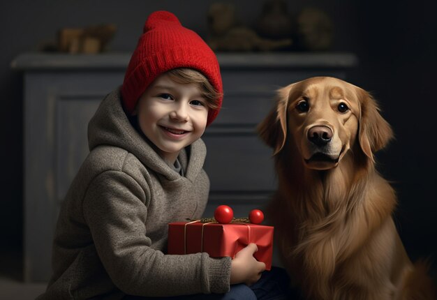 Foto bild von kind mit hund glückliche weihnachten