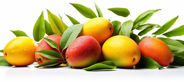 Bild von Mango mit Blättern auf weißem Hintergrund Mango-Werbung