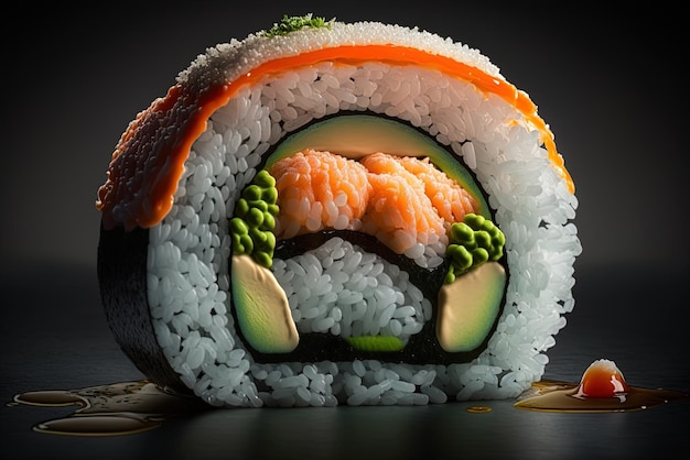 Bild von mit Garnelen gefüllter Sushi mit Lachs und Avocado an der Spitze zur Betonung