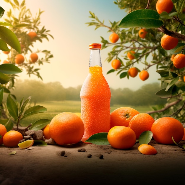 Bild von natürlichem Orangensaft in einer Flasche mit Orangen um sie herum