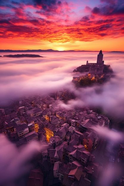 Bild von Nebel, der die Stadt unter einer Wolke im Stil von Max Rive erfaßt